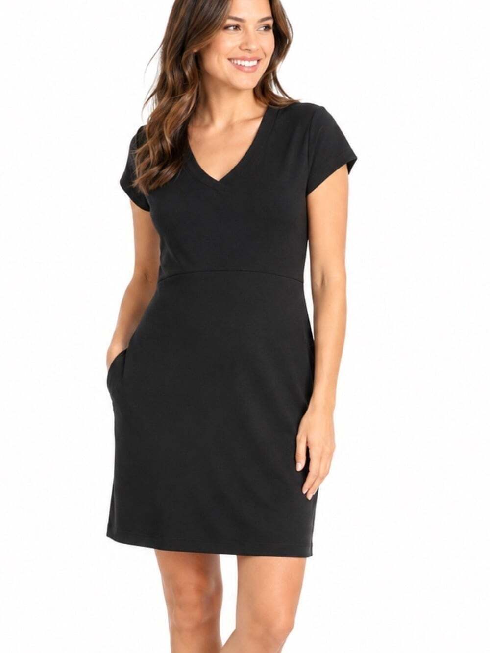 L.L. Bean Black Fitness Dress Size Medium Knee Length Cap Sleeve V-Neck Casual